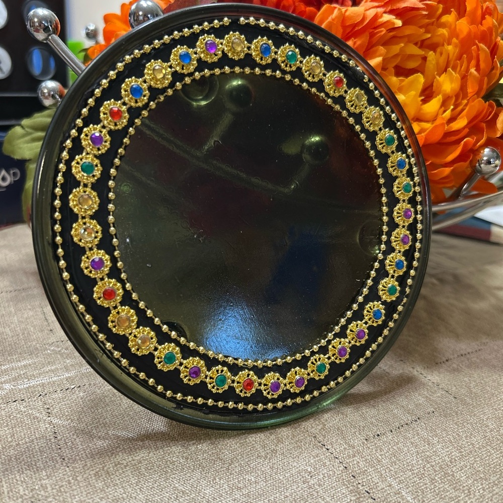 Antique Green Glass Tea Trivet Hot Plate with Rhinestones
